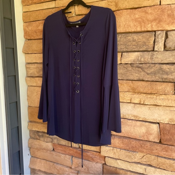 Marled RC navy blue lace up stretch long sleeve top bell sleeve Large - Picture 8 of 11